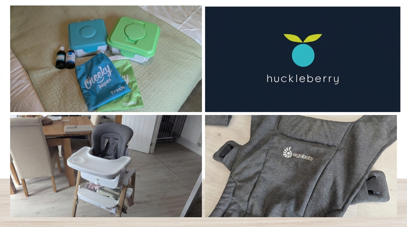 A 16:9 collage featuring four daily essential baby products: Cheeky Wipes, the Huckleberry app, a Tutti Bambini Nova Highchair, and an Ergobaby Embrace carrier.