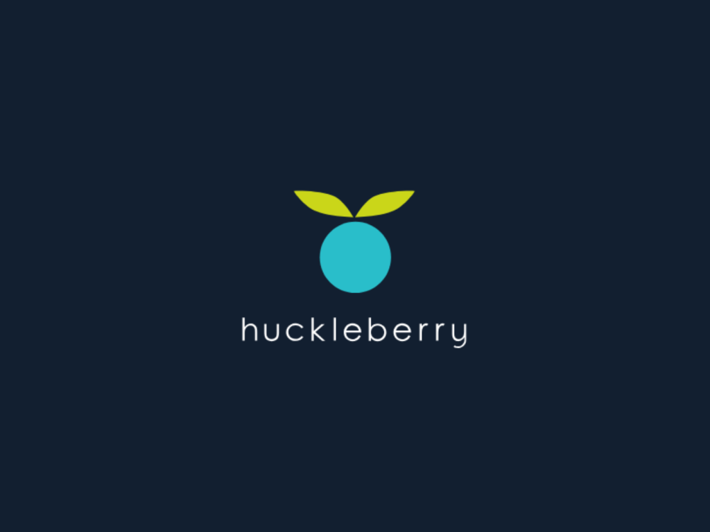 Minimalist blue berry logo with green leaves above the word Huckleberry on a dark blue background.