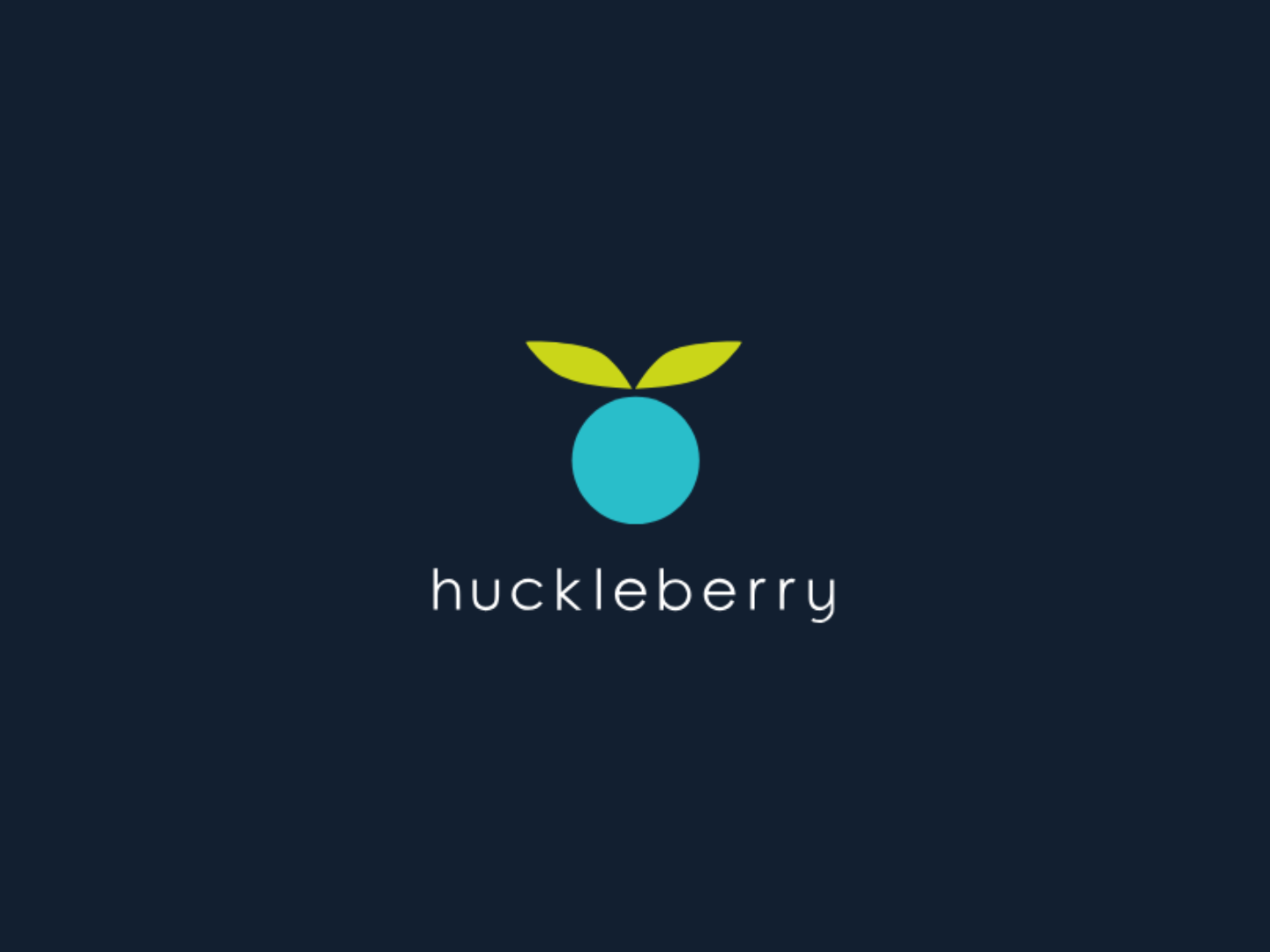 Minimalist blue berry logo with green leaves above the word Huckleberry on a dark blue background.